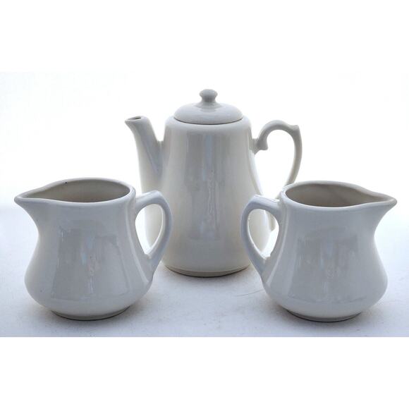 TEAPOT & TWO CREAMERS-Beige-Homer Laughlin-USA-Restaurant Ware Style - Picture 5 of 12